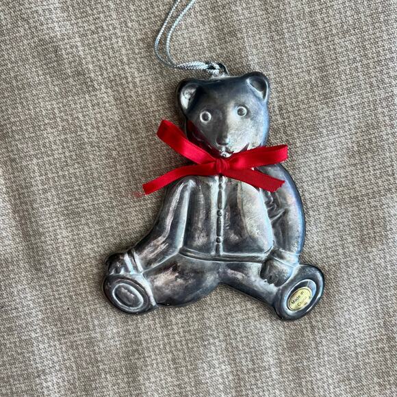 Vintage Bloomingdales Silverplated Teddy Bear w/ Red Christmas Bow Ornament - Picture 1 of 4